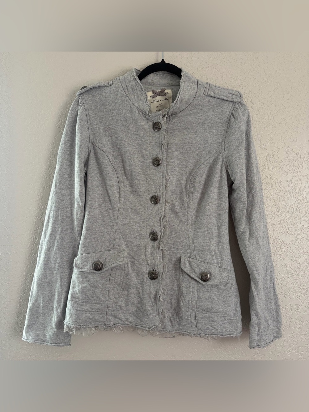 Nick & Mo Women's Size Small Gray Frayed Raw Edge Military-Style Blazer Jacket